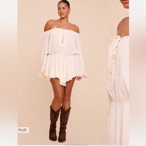 Pretty Little Thing - PLUS CREAM CHIFFON LONG SLEEVE BARDOT FLOATY ROMPER - NWT